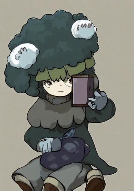 Image similar to little boy wearing sheep suit using a smartphone, gray, blue, green and brown pallet color. made in abyss art style, inspired in kris from deltarrune, cute detailed artwork, anatomically correct