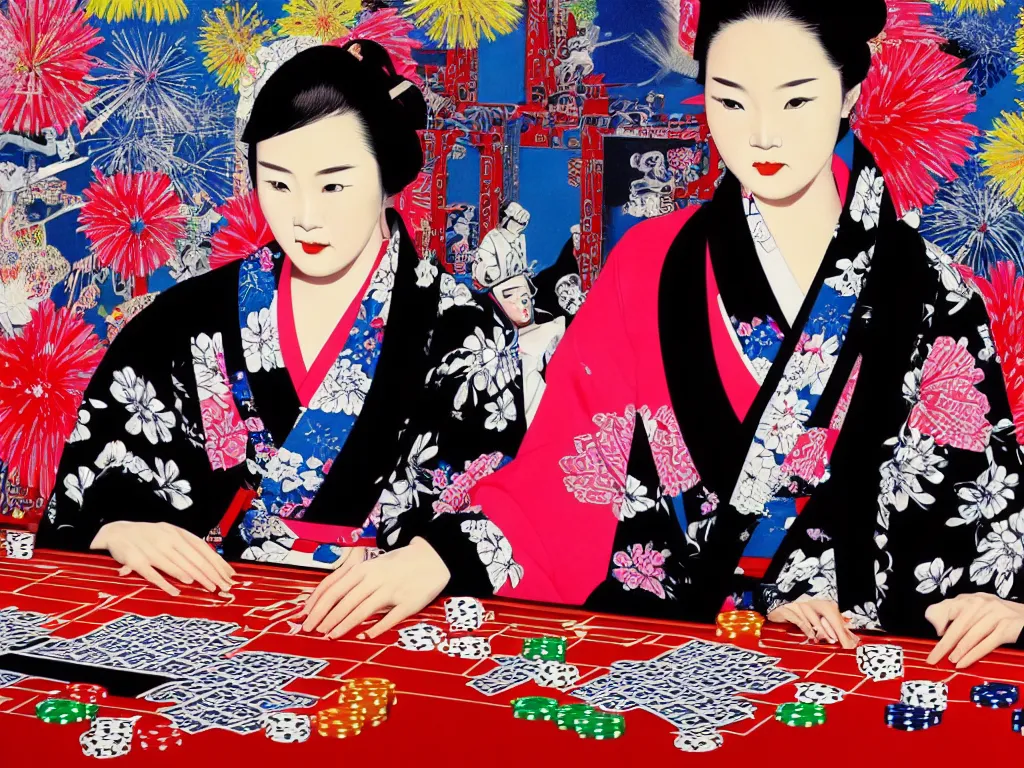 Prompt: hyperrealism composition of the detailed woman in a japanese kimono sitting at an extremely detailed poker table with darth vader, fireworks and folding screen on the background, pop - art style, jacky tsai style, andy warhol style, acrylic on canvas