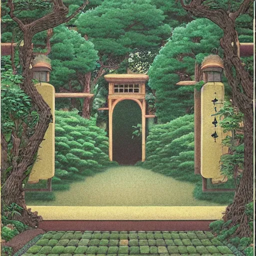 Image similar to a portal in a mysterious garden filled with spherical plants, artwork by Hasui Kawase, trending on art station
