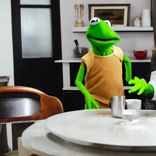 Image similar to kermit the frog and alf laughing on kitchen table. white powder in lines on mirror surface