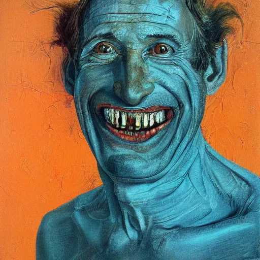 Image similar to high quality high detail painting of a man with large teeth by lucian freud and zdzisław beksinski and francis bacon, hd, smiling man, turquoise and orange