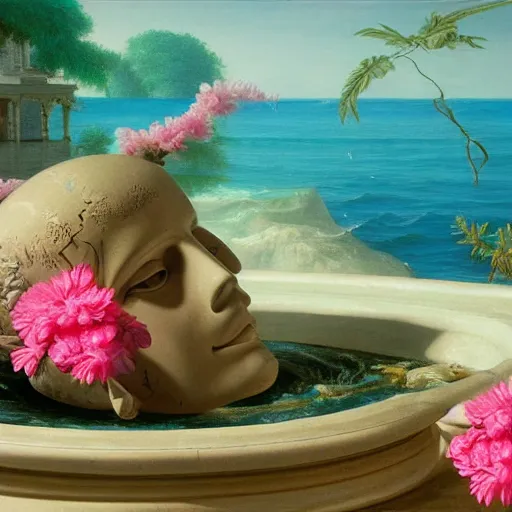 Image similar to a surreal vaporwave vaporwave vaporwave vaporwave vaporwave painting by Thomas Cole of an old pink mannequin head with flowers growing out, sinking underwater, highly detailed, caustics, sunrays, 8k hyperdetails