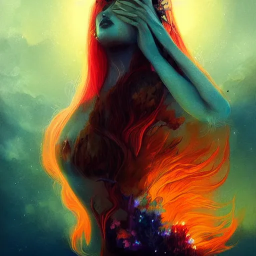 Prompt: A volcano girl expelling light beautiful landscape detailed painting in the style of Anna Dittmann