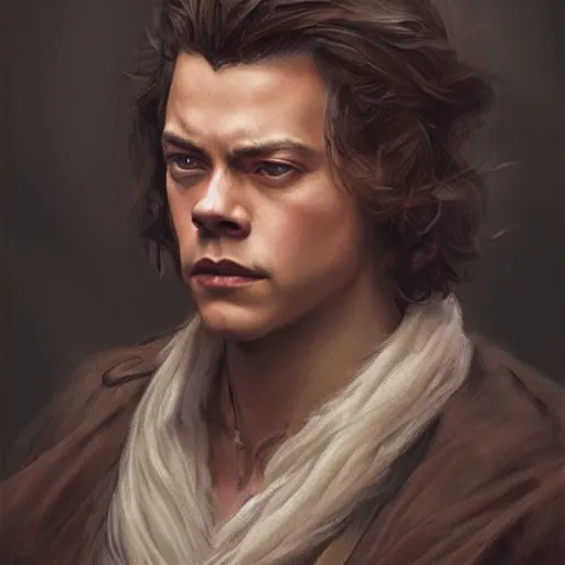 Image similar to harry styles as a realistic d & d fantasy character, portrait art by donato giancola and greg rutkowski, vintage retro, realistic face, digital art, trending on artstation, symmetry!!