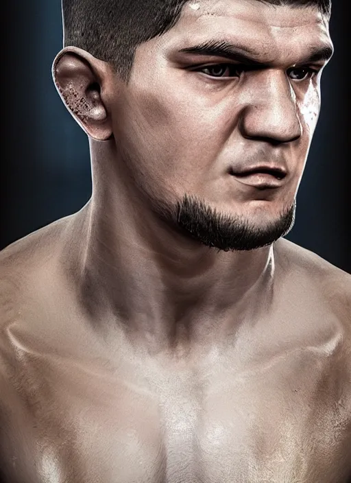 Prompt: portrait of khabib nurmagomedov, beautiful, elegant, cinematic lighting, ray - tracing, photorealistic, cgi, hyper - realistic, subsurface scattering, concept art, octane render, detailed and intricate environment, 4 k, artstation trending, behance, by digic pictures