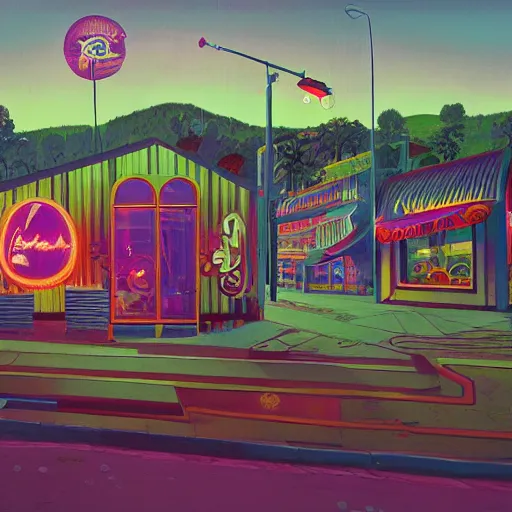 Image similar to psychedelic fast food restaurant near the beach by simon stalenhag