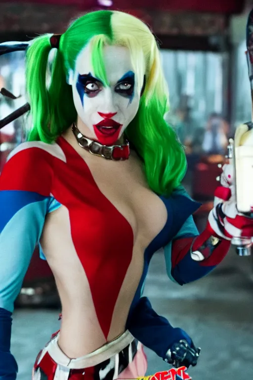 Image similar to film still of iggy azaela as Harley Quinn in Joker 2, full-shot, 4k