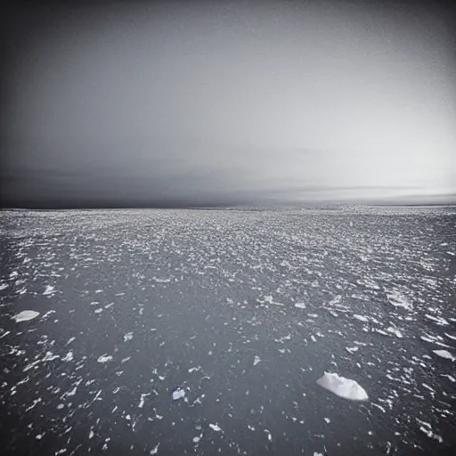 Prompt: “ a photograph taken underneath a thick layer of frozen sea ice, but above the dark water ”