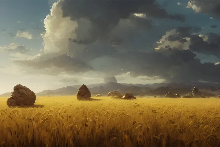 Image similar to uncanny rocks floating over a wheat field, hard light and long shadows, afternoon sunshine, detailed digital art by artgerm and WLOP, Greg Rutkowski, Felix Kelly, Detailed Digital Art, dynamic lighting, Highly Detailed, Cinematic Lighting, 8k, HD