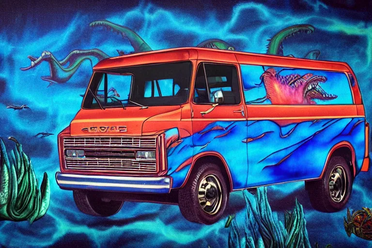 Image similar to a photo of a dark blue metallic 1 9 7 2 chevy g 1 0 panel van with an awesome airbrushed scene of a monster made of colorful coral reef emerging from the sea, 8 0 s synthwave, airbrushed, trapper keeper, lightning, explosions, creature design, monster, dinosaur