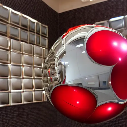 Prompt: chrome spheres on a red cube, mirror hall