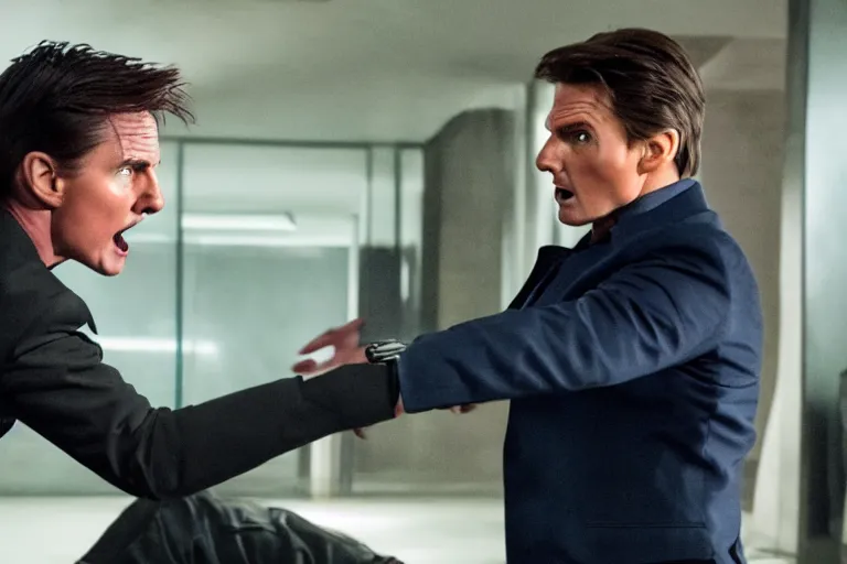 Image similar to a film still of Peter Serafinowicz arguing with Tom Cruise in Mission: Impossible IX, high quality