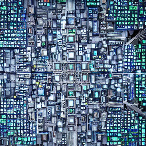 Image similar to top down view of a city resembling a computer motherboard