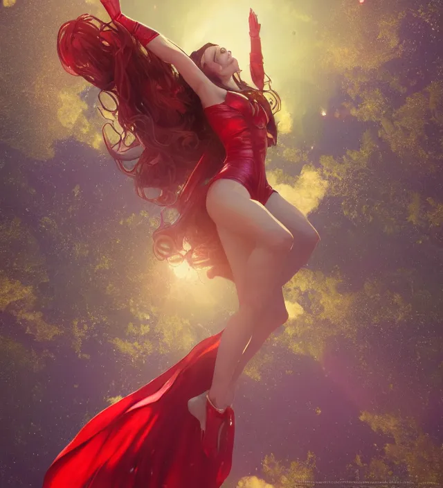 Prompt: scarlet witch soaring in the sky, nostalgia, very detailed texture, realistic shaded lighting, studio quality, digital art, background style by alphonse mucha, unreal engine 5 rendered, octane rendered, pinnacle studio, naturel, trending on artstation, art style by nixeu and ian sprigger