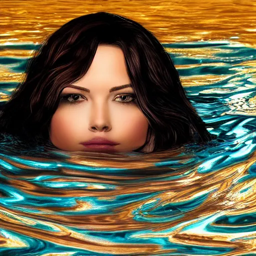 Prompt: photorealistic portrait of a beautiful brunette drowning into black waters with a golden dress