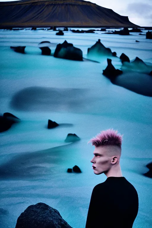 Image similar to high quality pastel coloured film wide angle selfie photograph of an male cyber model standing in an icelandic black rock environment. three point light. photographic. art directed. pastel colours. volumetric light. stark. waves glitch. 8 k. filmic.