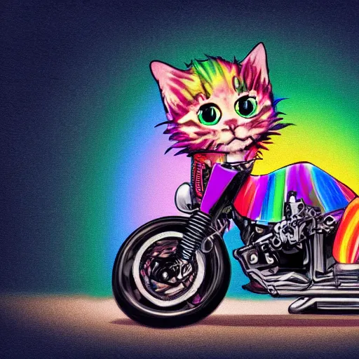 Image similar to wide angle full body, jacket wearing fluffy cute rainbow kitten wearing a black leather motorcycle jacket, riding on a motorcycle, cinematic concept art