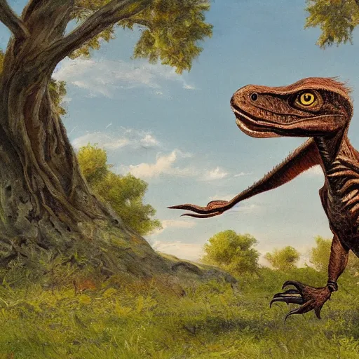 Prompt: An artwork of a velociraptor by a tree, paleo art