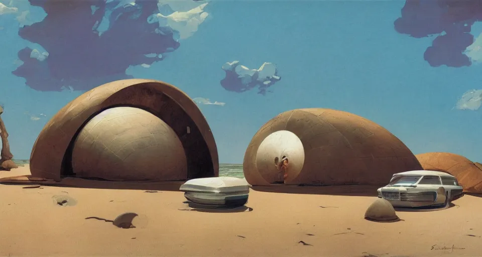 Image similar to a giant seashell house in the middle of nowhere, by syd mead, moebius, j. h. williams iii