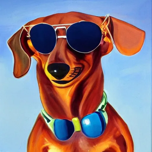 Prompt: a dachshund wearing aviators flying a biplane, detailed