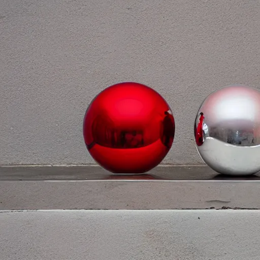 Prompt: chrome spheres on a red cube by jason de graaf