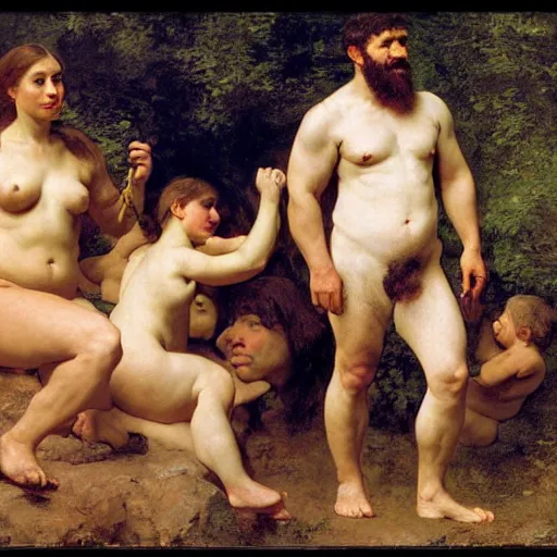 Image similar to portrait of an ancient human species neanderthal muscular rubenesque hairy family, by bouguereau, norman rockwell, ruben, manet, renoir