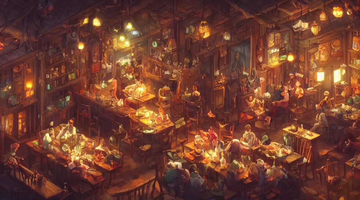 Image similar to A multidimensional cozy tavern, screenshot from anime hidden object game, cinematic lighting, epic composition, cartoon, animation, background art, post processing, 8K resolution