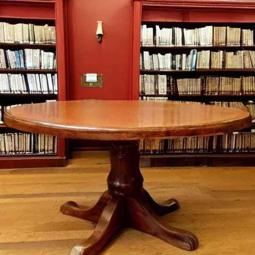 Prompt: beautiful red - oak table with blurred out old fashioned rich library in the background, warmly - lit