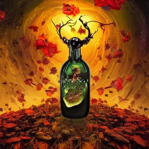 Image similar to Hell and heaven, captured in bottles, a heart full of envy, The Autumn Plague Gardener, Some cosmic angels, digital painting, its softness partakes of fluidity, illustration, deep dark, artstation, intricate, biodiversity in a world of change and constancy, ue5, by deiv calviz and bossmonsterbani