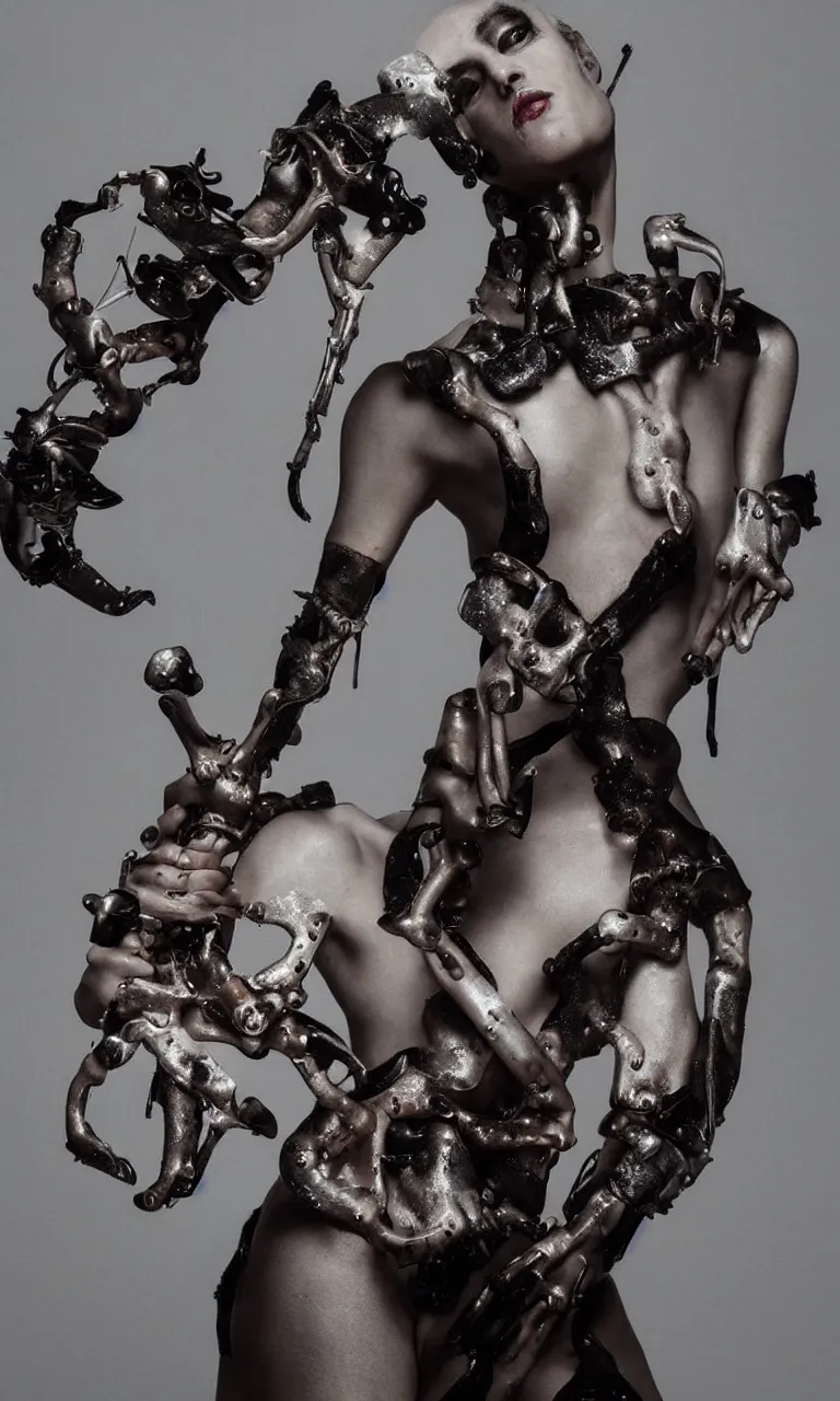Prompt: Arca album cover, Arca emerging from the fog, Arca with opal flesh and mechanical instrument limbs