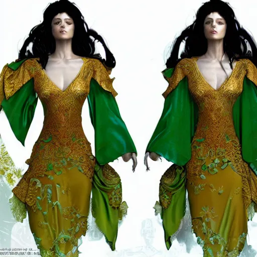 Image similar to a beautiful woman wearing a green kaftan made of silk with golden ornaments by Karol Bak, Ayami Kojima, Amano , concept art, character design, fantasy,3D, 8k resolution