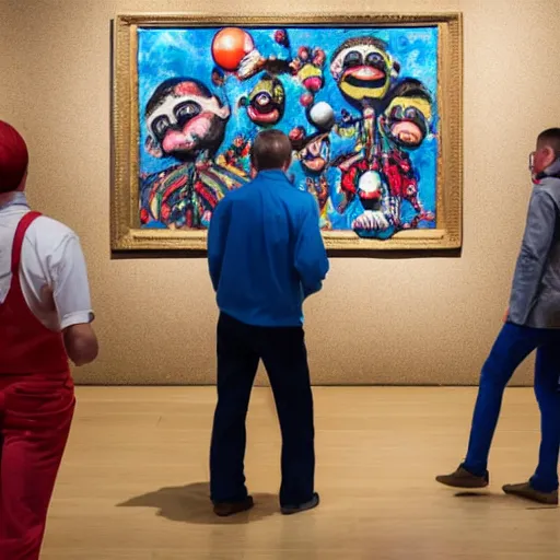 Image similar to clown gallery, photo of clowns in an art gallery looking at artwork of clowns