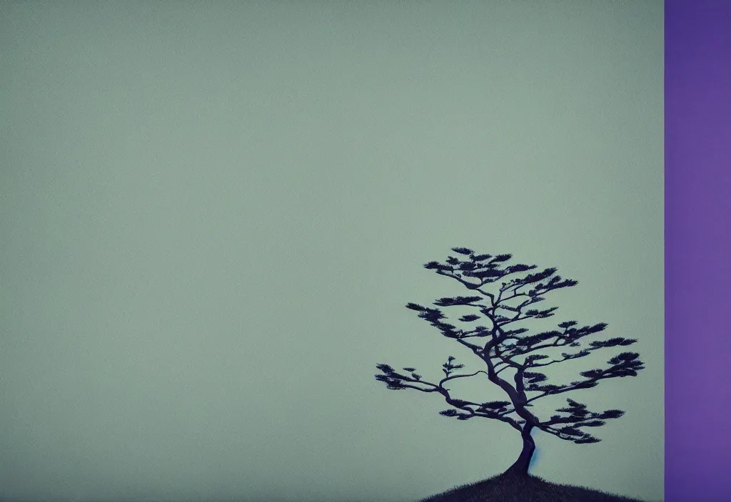 Image similar to windswept tree, rural japan, a collage painting, in the style of wes anderson, lola dupre, david hockney, isolated on negative white space background dark monochrome fluorescent neon spraypaint accents volumetric octane render