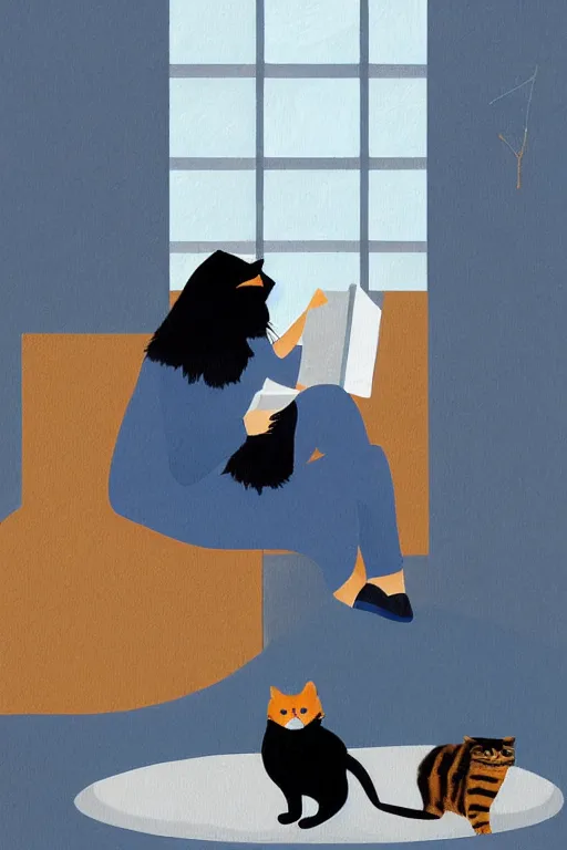 Image similar to a digital painting of a girl reading a book with a cat in A comfortable study room at night,blue and grey theme,JK uniform ,Hairdryer,blue theme,S line, by anmi and reoenl