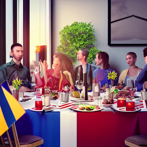 Prompt: octane render, people sitting around a dinner table with the european flag draped over it, vibrant color scheme, 4 k