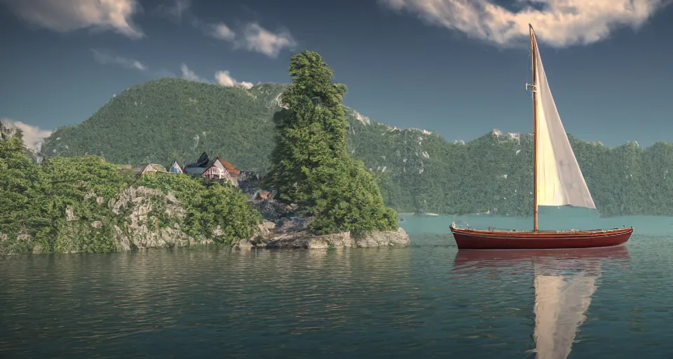 Prompt: A beautiful hyper realistic ultra detailed lifelike matte painting of traditional austrian sailboat on a lake, unreal engine, deviantart, flickr, artstation, octane render, textured, colorful, extreme realistic detail, physically based rendering, pbr render, very detailed, volumetric lighting, detailed lighting, octane render, 4k, cinematic lighting, 8k resolution