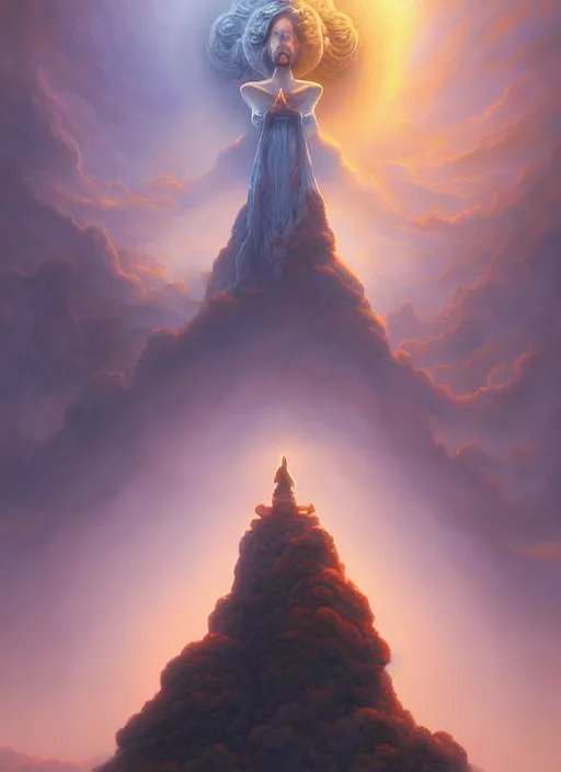 Image similar to a gigantic deity looking down on a man standing in front of her, in the style of tomasz alen kopera and fenghua zhong and peter mohrbacher, mystical colors, rim light, beautiful lighting, 8 k, stunning scene, raytracing, octane, trending on artstation