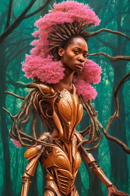 Image similar to hyperrealistic post - renaissance cinematic super expressive! yoruba goddess with exoskeleton armor, merging with tree in a forest, pink orange flowers, highly detailed concept art masterpiece, smooth cam de leon eric zener dramatic pearlescent soft teal light, ground angle hd 8 k, sharp focus