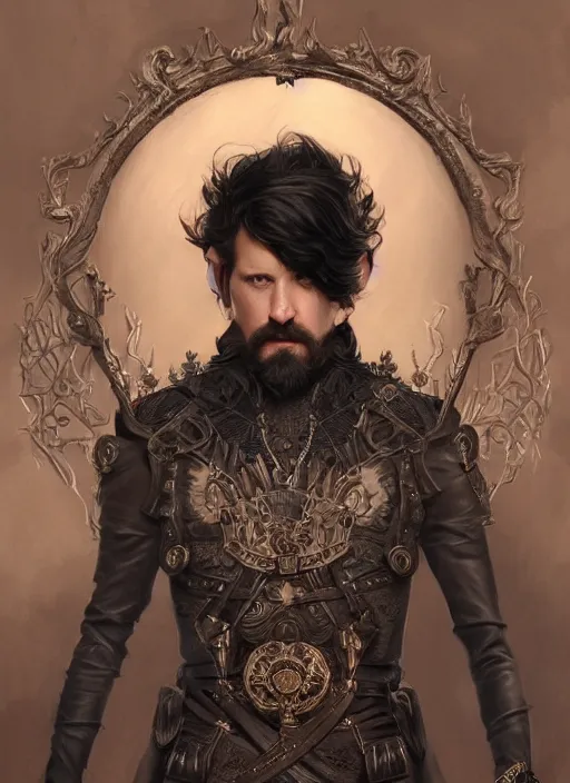 Prompt: portrait of Gavin Mcinnes, medium black hair, Nordic crown, black suit, fantasy, intricate, elegant, realistic, highly detailed, digital painting, artstation, concept art, smooth, sharp focus, illustration, art by artgerm and greg rutkowski and alphonse mucha