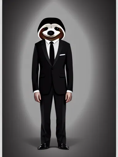 Prompt: full body portrait of anthropomorphic sloth in formalwear : : debonair, gq, noir : : digital art, concept art, digital illustration, photorealism, hyperreal