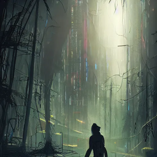 Prompt: lost in the cyberpunk forest, digital art, artstation