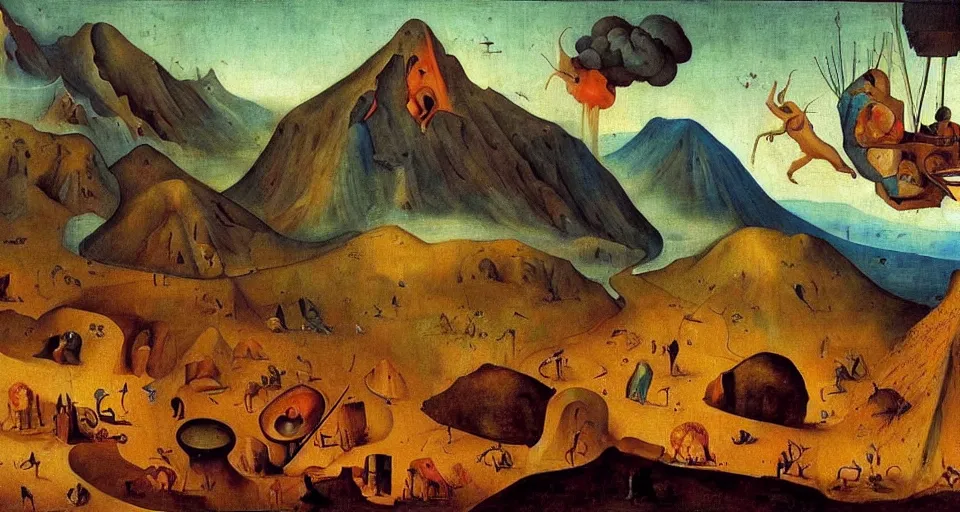 Prompt: !dream the creation of a volcano, divine inspired painting, masterpiece, intricate details, incredible painting, painted by the great masters and bosch