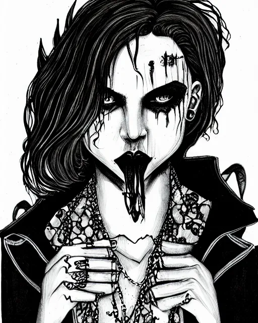 Image similar to creole androgynous vampire, moody black ink illustration