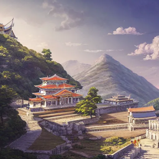 Image similar to concept art painting of a marble temple on top of a mountain, with greek and japanese architecture, overlooking a valley with a village below, realistic, detailed, cel shaded, in the style of makoto shinkai and greg rutkowski and albert bierstadt and james gurney