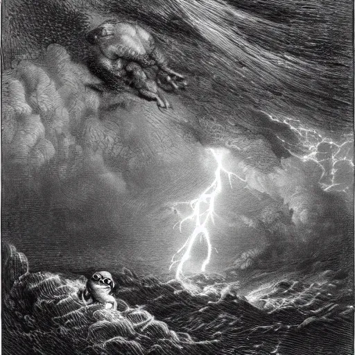 Image similar to drawing of large pepe the frog fighting lightning storm above a stormy ocean, by gustave dore, nineteenth century, black and white, vintage, science fiction, epic composition, dramatic lighting, highly detailed.