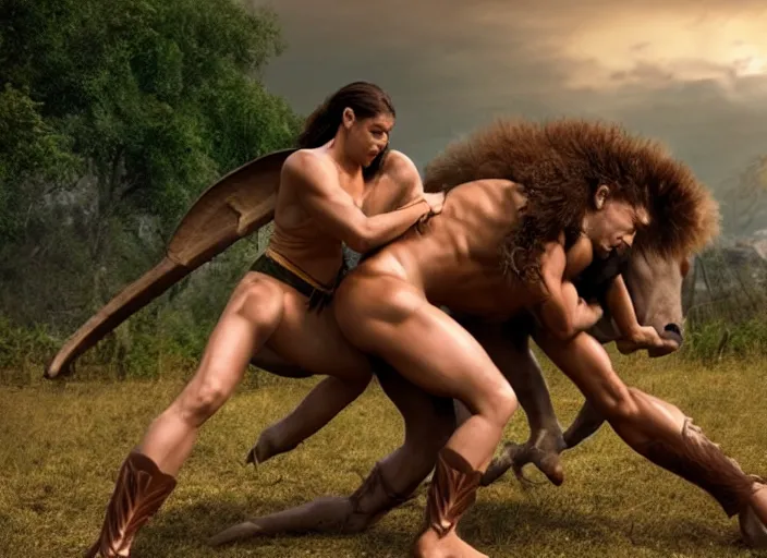 Prompt: beautiful tall muscular greek amazon woman wrestling a centaur, movie still, from the movie caveman, 8 k, realistic, action photography