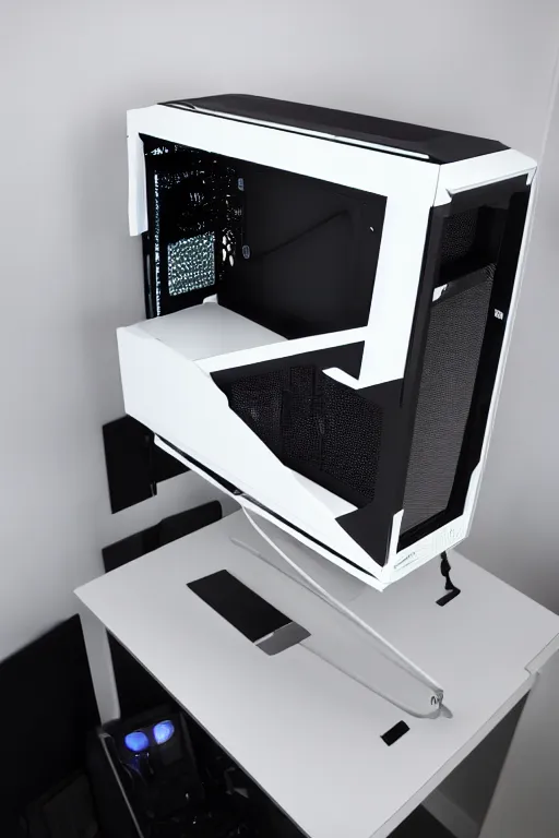 Image similar to computer with nvidia graphic card and white lite in black case with transparent window, white light, computer desk, monitor