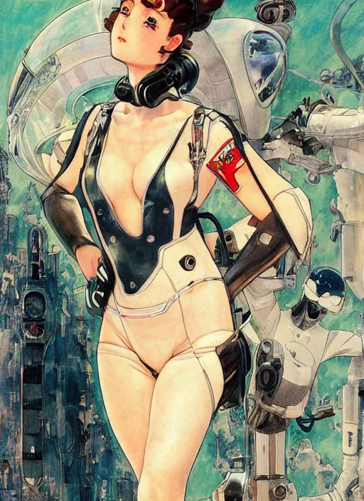 Image similar to a copic maker art nouveau manga cover portrait of an anime pale edgy girl on a futuristic latex pilot suit by john berkey norman rockwell