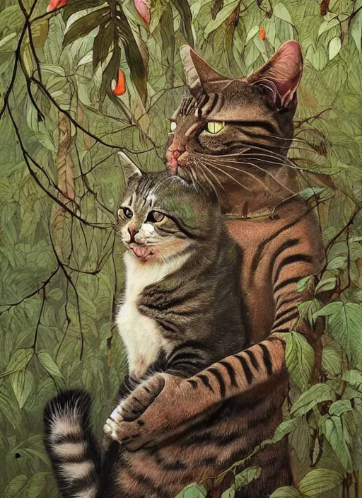 Image similar to a hyper realistic illustrated cat with playing with a bird in the woods gorgeous lighting, lush forest foliage painting by chiara bautista and beksinski and norman rockwell and greg rutkowski weta studio, and lucasfilm