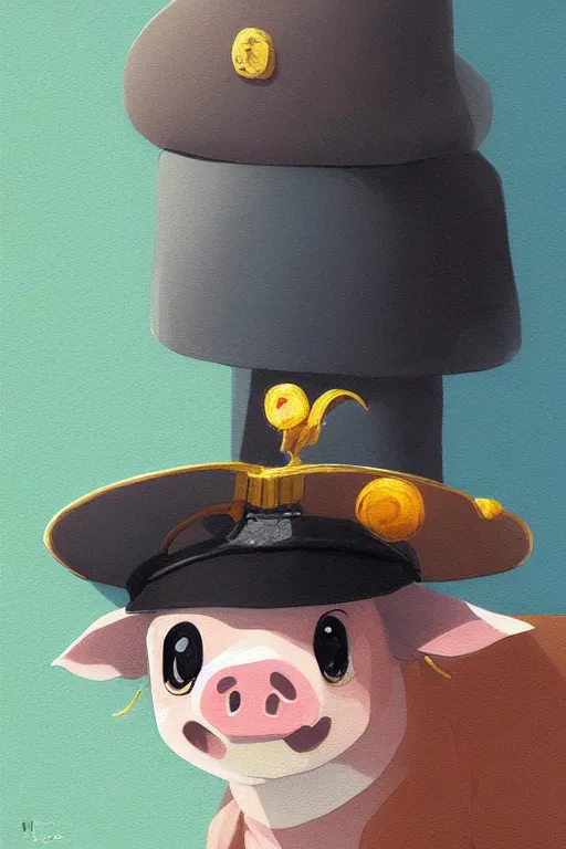 Image similar to adorable anime pig wearing a cute hat, young, clear clean face, Ilya kushinov, by Makoto Shinkai, Studio Ghibli, Miyazaki, Kyoto Animation, digital 2D, painterly style, gouache illustration, high contrast, cute, kawaii, chibi, golden ratio, rule of thirds